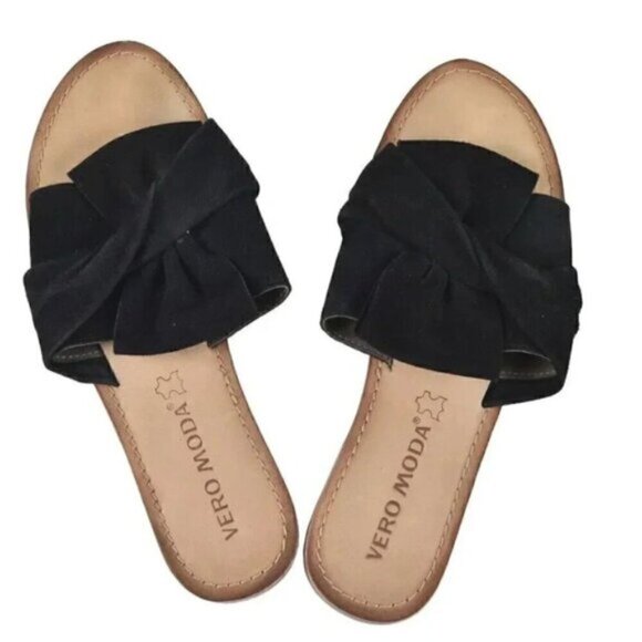 Vero Moda Sandals Black Suede Bow Slides Size 8 - Picture 1 of 8